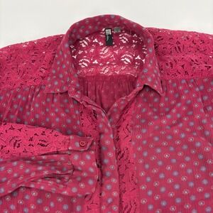 KUT from the Kloth Women XL Berry Red Lace Trim Floral Roll Tab Blouse KT1078
